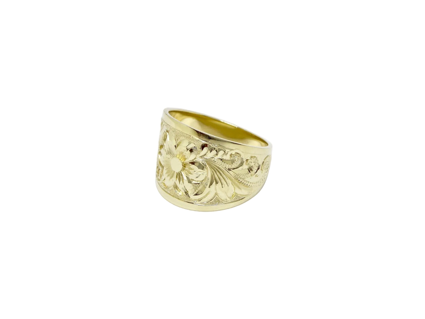 Hawaiian 14K Gold hibiscus tapered ring with a 15mm wide band, featuring intricate floral design.