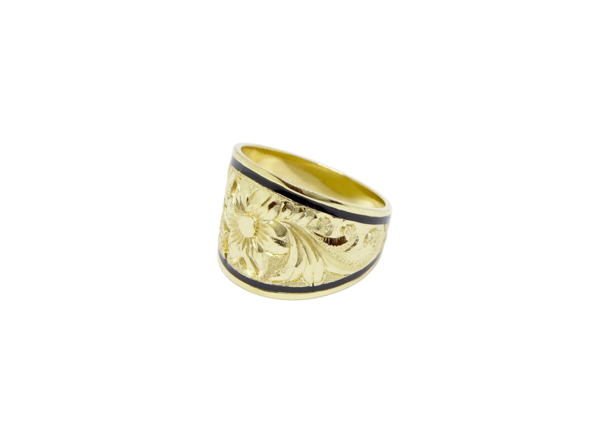 Hawaiian 14K Gold hibiscus tapered ring, 15mm width, featuring intricate floral design.