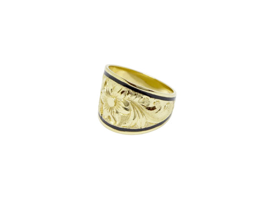 Hawaiian 14K Gold hibiscus tapered ring, 15mm width, featuring intricate floral design.