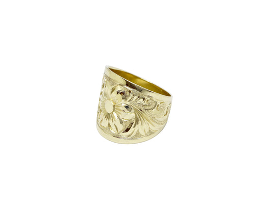 Hawaiian 14K Gold hibiscus tapered ring, 18mm width, featuring a detailed floral design, jewelry piece.