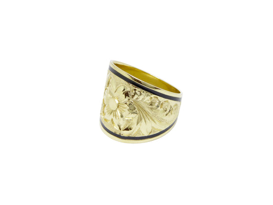 Hawaiian 14K Gold hibiscus tapered ring with 18mm width, featuring intricate floral design.
