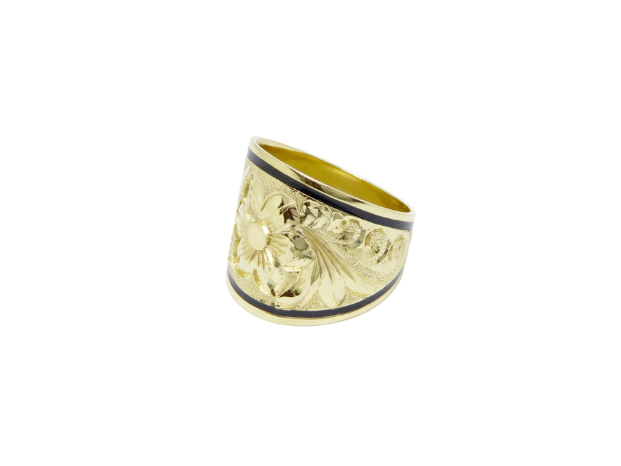 Hawaiian 14K Gold hibiscus tapered ring with 18mm width, featuring intricate floral design.