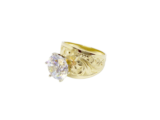 Hawaiian 14K Gold hibiscus tapered ring with 4 ct cubic zirconia, featuring a 15mm design, elegant floral jewelry piece.