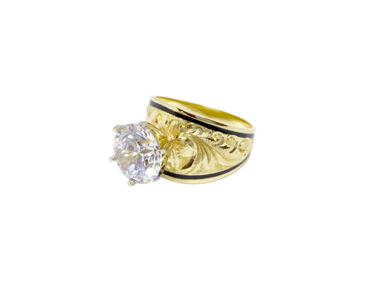 Hawaiian 14K Gold hibiscus tapered ring with 4 ct cubic zirconia, 15mm wide, featuring floral design and elegant.