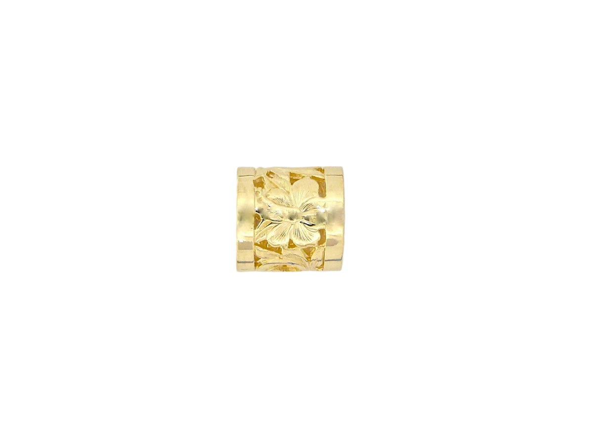 Hawaiian 14K Gold hibiscus tube pendant, 10mm size, featuring a detailed floral design.