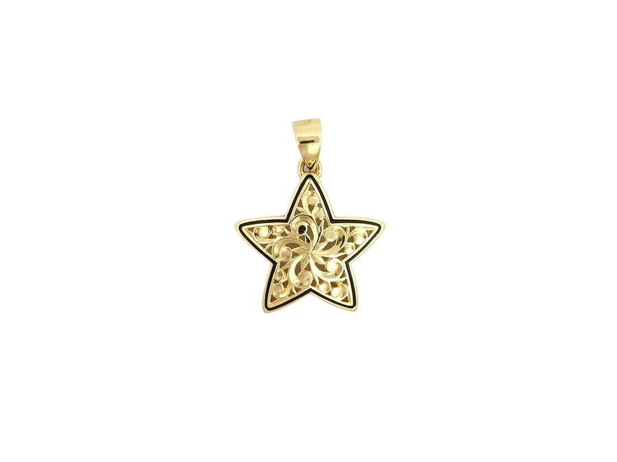 Hawaiian 14K Gold hoku Pendant, #2 design, featuring intricate star-like details, jewelry piece.