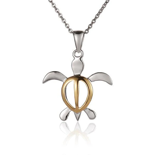 Honu 2T pendant by Ashley's Gift Shop featuring a turtle design on a silver chain, close-up view of the jewelry piece.