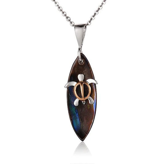 Honu Aba surfboard pendant necklace in silver featuring a turtle design, crafted by Ashley's Gift Shop.