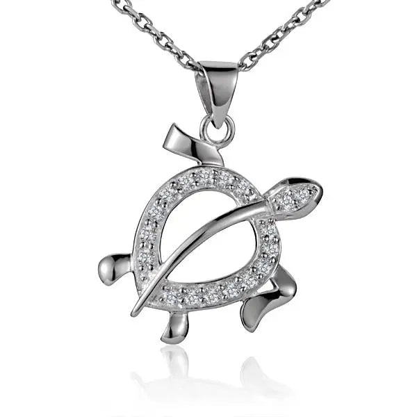 Hawaiian 925 Sterling Silver honu CL CZ pendant featuring a turtle design, crafted from 925 silver, with sparkling cubic.