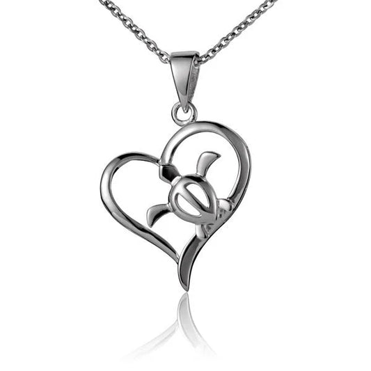 Silver Honu in Heart pendant featuring a turtle design, crafted by Ashley's Gift Shop, on a delicate chain.