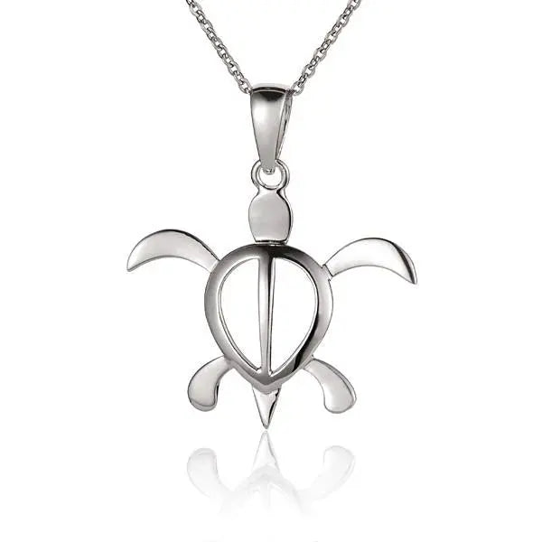 Hawaiian 925 Sterling Silver large Honu turtle pendant in 925 sterling silver, featuring detailed craftsmanship and a smooth.