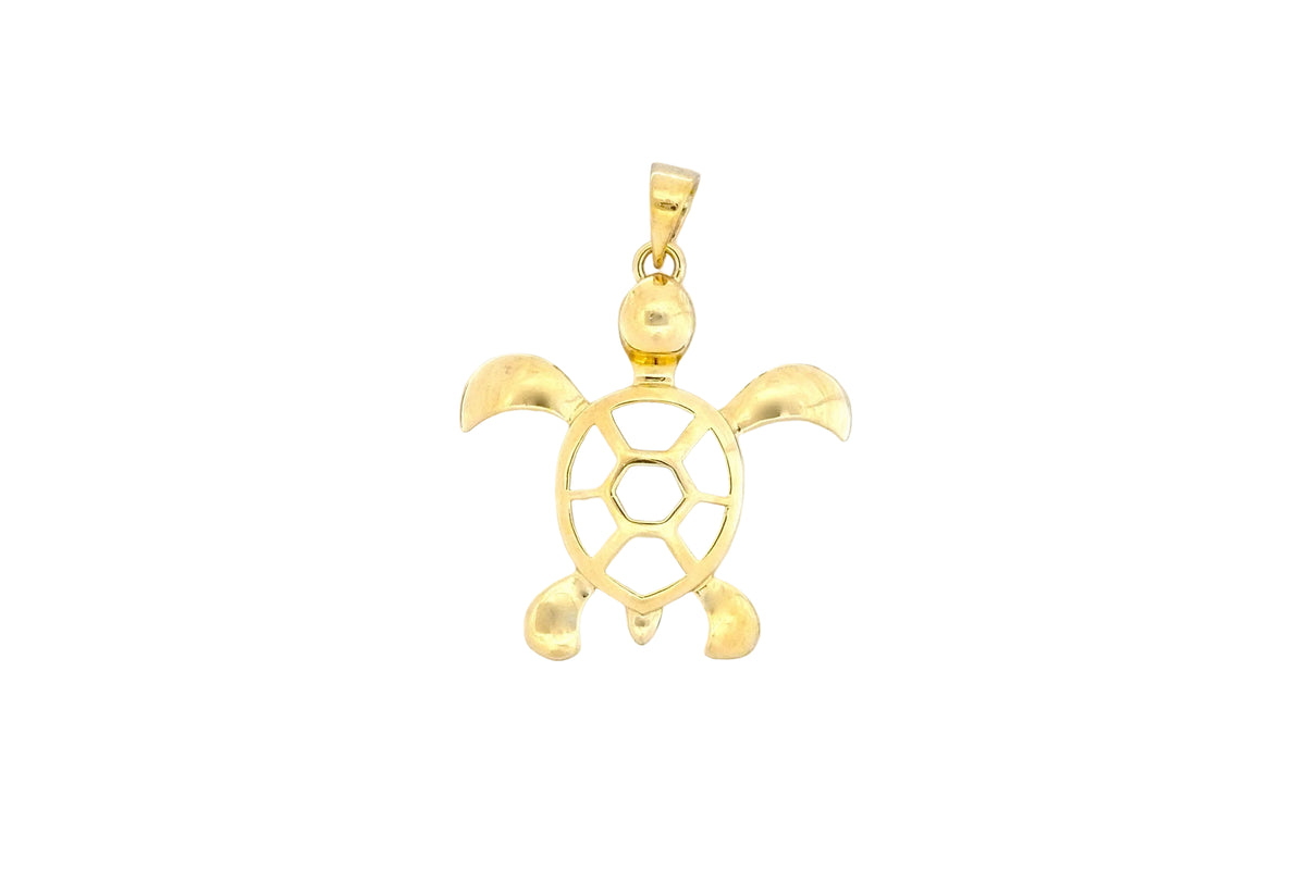 Hawaiian 14K Gold large 14K gold Honu pendant featuring a sea turtle design.