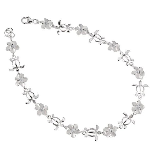 Hawaiian 925 Sterling Silver honu Plumeria CZ anklet with turtle and flower charms, featuring sparkling cubic zirconia.