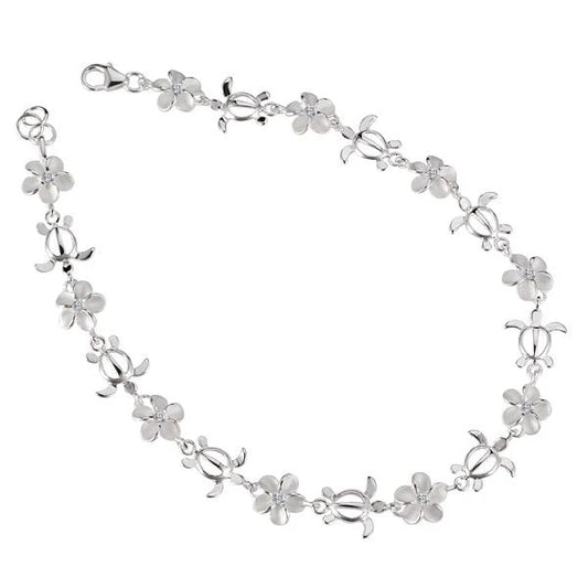 Honu Plumeria CZ anklet by Ashley's Gift Shop featuring a delicate silver chain with plumeria flower and cubic zirconia accents.