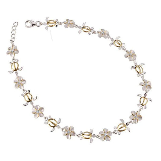 Honu Plumeria CZ anklet featuring a silver chain with flower and turtle charm, perfect for beach or summer wear.