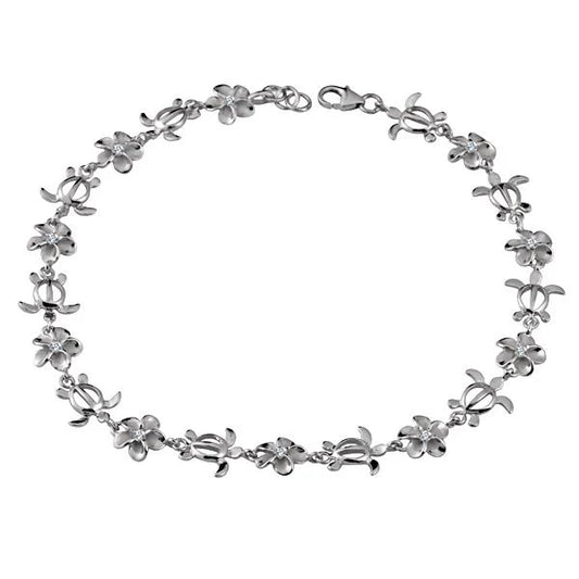 925 sterling silver Honu Plumeria CZ rhodium anklet with 8mm beads, featuring a tropical floral design and adjustable chain.