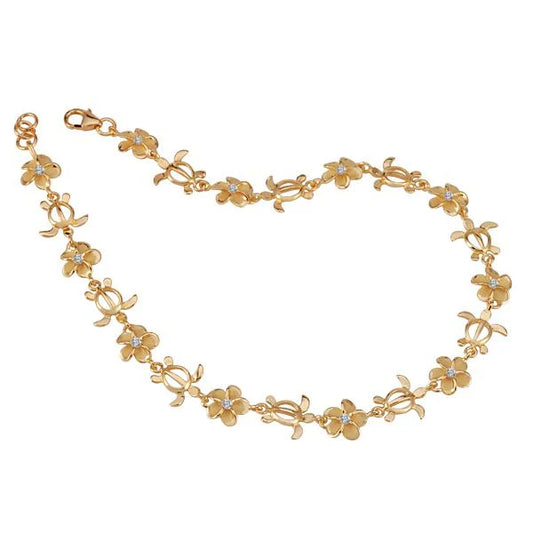 Sterling silver Honu Plumeria CZ anklet with yellow gold plating, featuring 8mm beads, from Ashley's Gift Shop.