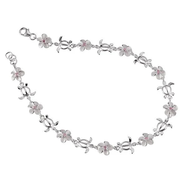 Hawaiian 925 Sterling Silver honu Plumeria Pink CZ anklet featuring pink cubic zirconia accents and a delicate.