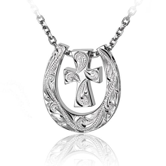 Horseshoe and cross scroll pendant featuring intricate metalwork, stylish accessory with religious and lucky symbolism.