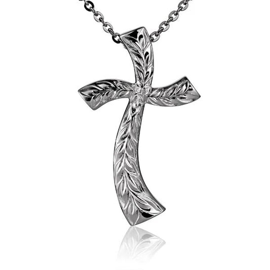 Maile Wave Cross Pendant by Ashley's Gift Shop featuring a silver-toned ocean wave and cross design on a chain.