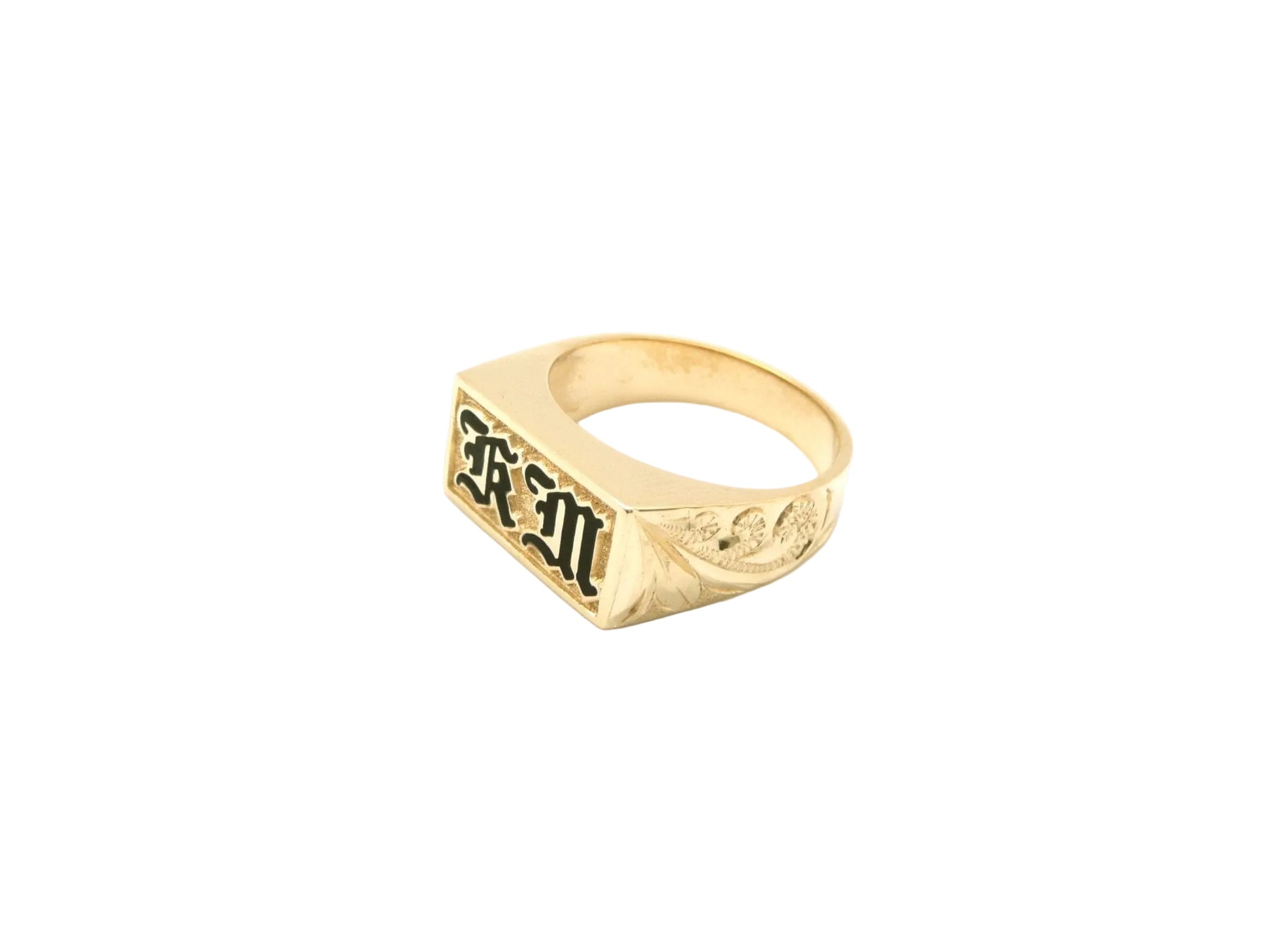 Hawaiian 14K Gold men's rectangle ring with two engraved initials, stylish and personalized jewelry.
