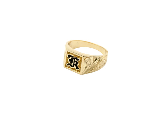 Hawaiian 14K Gold men's square ring with initial engraving, featuring a sleek design and polished finish.