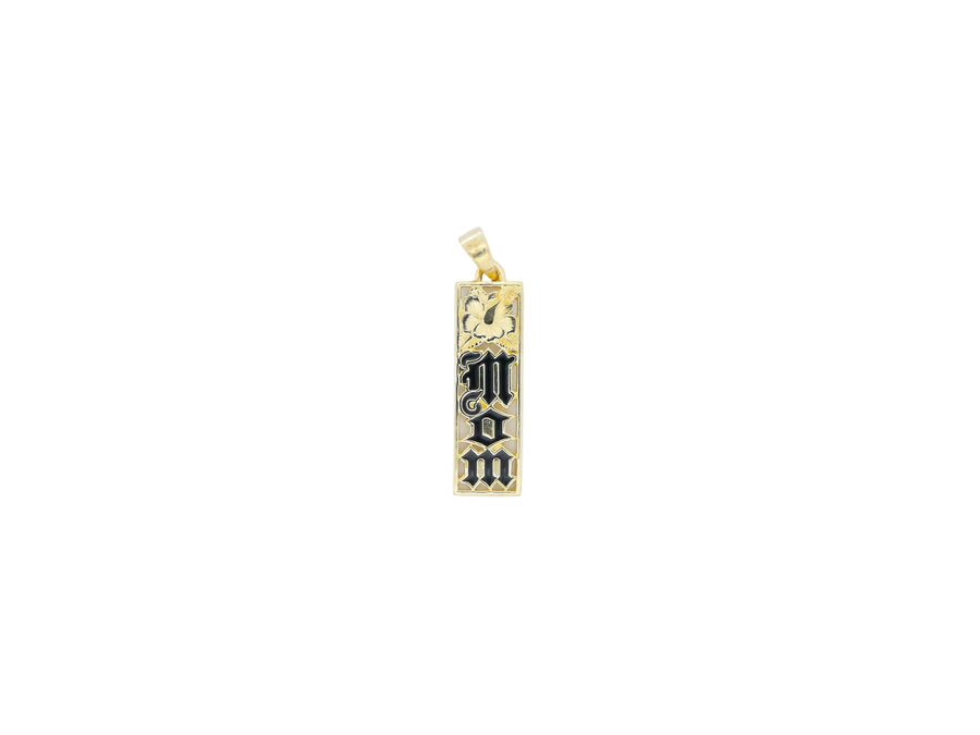 Hawaiian 14K Gold mom flat vertical pendant with engraved message, featuring a sleek, elegant design for sentimental jewelry.