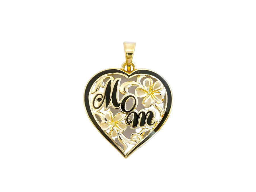 Hawaiian 14K Gold mom Heart Plumeria pendant with delicate floral design, symbolizing love and motherhood, jewelry.
