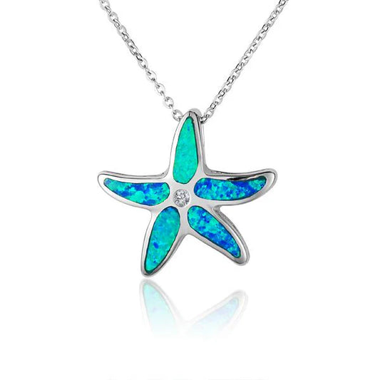 Silver starfish pendant with opal and cubic zirconia accents, featuring a nautical-inspired design and intricate detailing.
