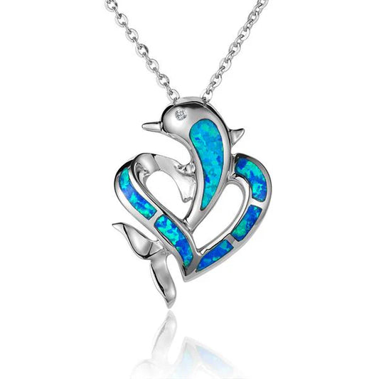 Opal dolphin and heart pendant from Ashley's Gift Shop showcasing a delicate silver chain and colorful opal dolphin design.