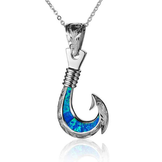 Silver opal fishhook pendant jewelry featuring a vibrant opal stone, designed by Ashley's Gift Shop.