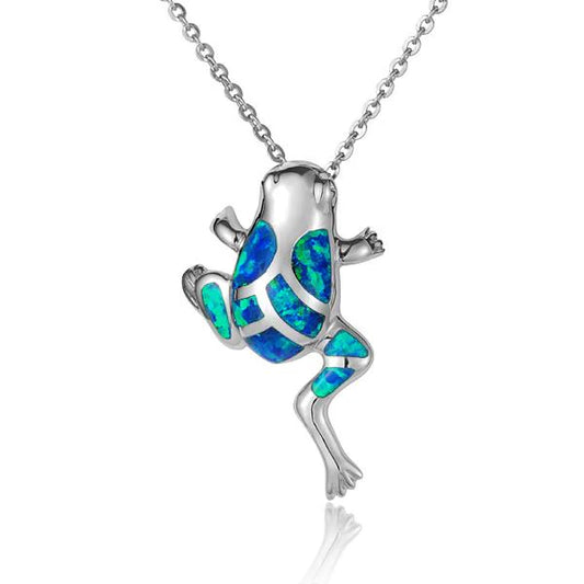 Opal frog pendant featuring a shimmering opal stone on a silver chain, crafted by Ashley's Gift Shop.