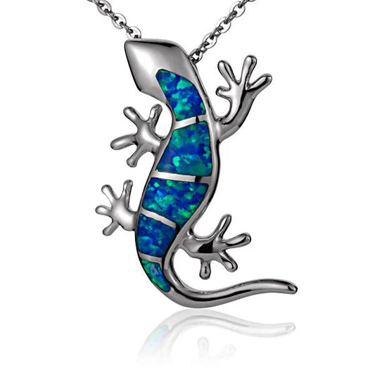 Opal Gecko Pendant featuring a shimmering opal stone and intricate metalwork, designed by Ashley's Gift Shop.
