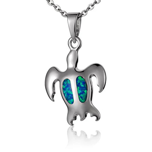 Silver Opal Honu pendant necklace featuring a turtle design, crafted by Ashley's Gift Shop.