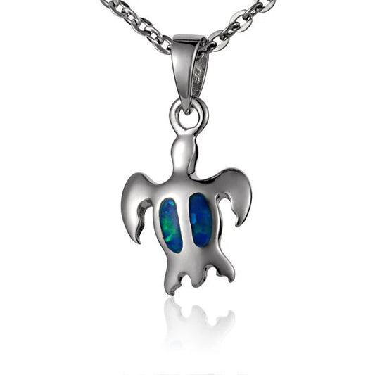 Small Opal Honu pendant necklace featuring a sea turtle design, crafted by Ashley's Gift Shop.