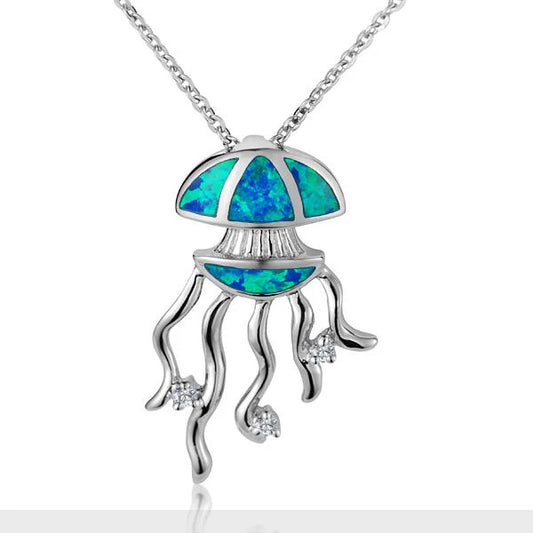 Opal Jellyfish CZ pendant with intricate design, showcasing shimmering opal and cubic zirconia accents in a jewelry piece.