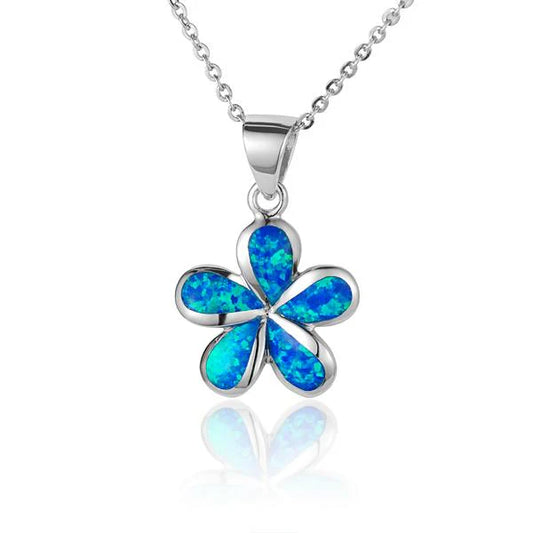 Sterling silver Opal Plumeria pendant, 18mm, featuring colorful opal flower design on a polished silver setting.