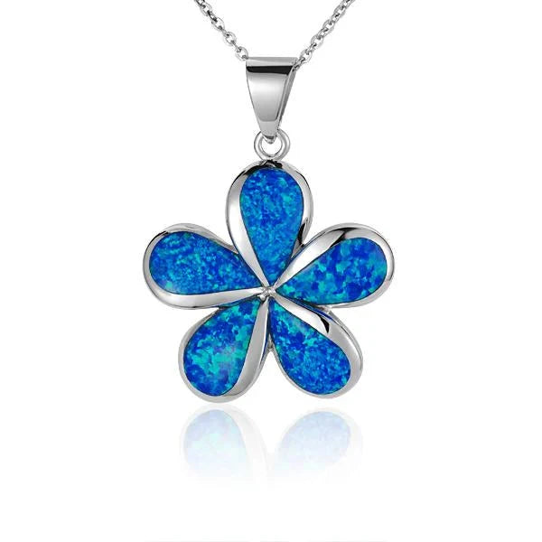 Hawaiian 925 Sterling Silver opal Plumeria pendant, 28mm, featuring colorful opal flower design on a delicate chain.