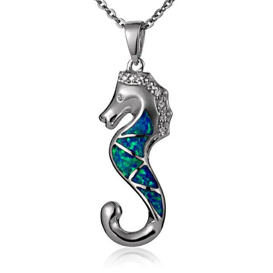 Opal seahorse pendant featuring a sparkling opal gemstone, crafted with intricate design, perfect for jewelry and necklace accessories.