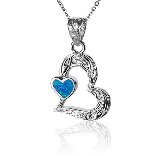 Sterling silver Opal Side Heart Scroll Pendant with intricate design, featuring a shimmering opal gemstone.
