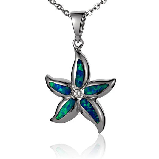 Opal starfish pendant featuring a shimmering opal stone on a delicate silver chain, designed by Ashley's Gift Shop.