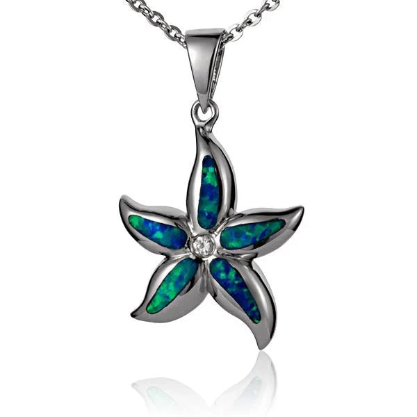 Hawaiian 925 Sterling Silver opal Starfish pendant with vibrant opal gemstone, featuring a detailed starfish design.