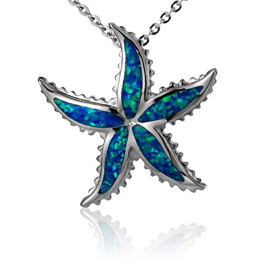 Opal starfish pendant with sawtooth edge, featuring vibrant opal gemstone, designed by Ashley's Gift Shop, jewelry accessory.