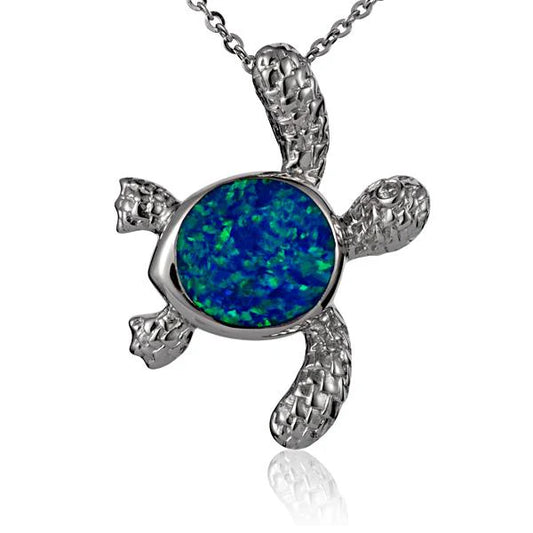 Large opal turtle H-right pendant in silver, featuring a vibrant opal stone, designed by Ashley's Gift Shop.