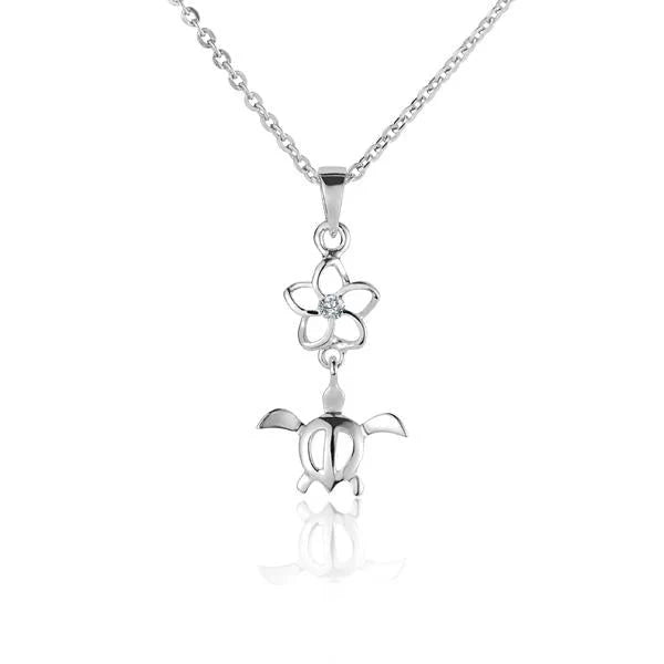 Hawaiian 925 Sterling Silver outline CZ Honu pendant in 925 sterling silver featuring an 8mm honu turtle design.