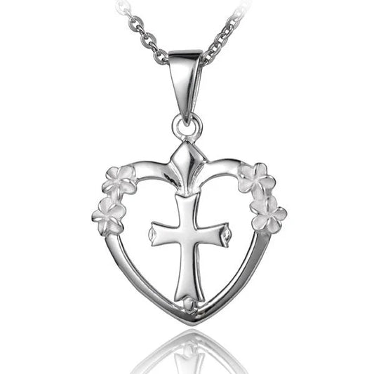 Outline heart and cross pendant with four plumeria flowers, featuring a delicate design from Ashley's Gift Shop.