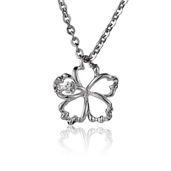Hawaiian 925 Sterling Silver outline Hibiscus CZ pendant, 12mm, featuring a delicate floral design with sparkling cubic.