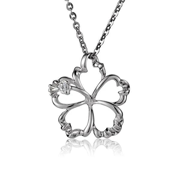 Hawaiian 925 Sterling Silver outline Hibiscus CZ pendant, 18mm, featuring intricate flower design with sparkling cubic.