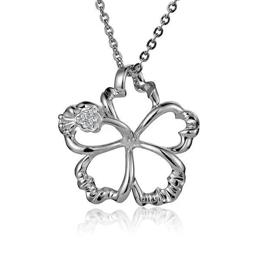 Sterling silver Outline Hibiscus CZ pendant, 22mm, featuring a delicate floral design with sparkling cubic zirconia accents.