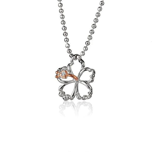 Hawaiian 925 Sterling Silver outline Hibiscus CZ PG 2T pendant, 10mm, featuring a detailed hibiscus flower design.
